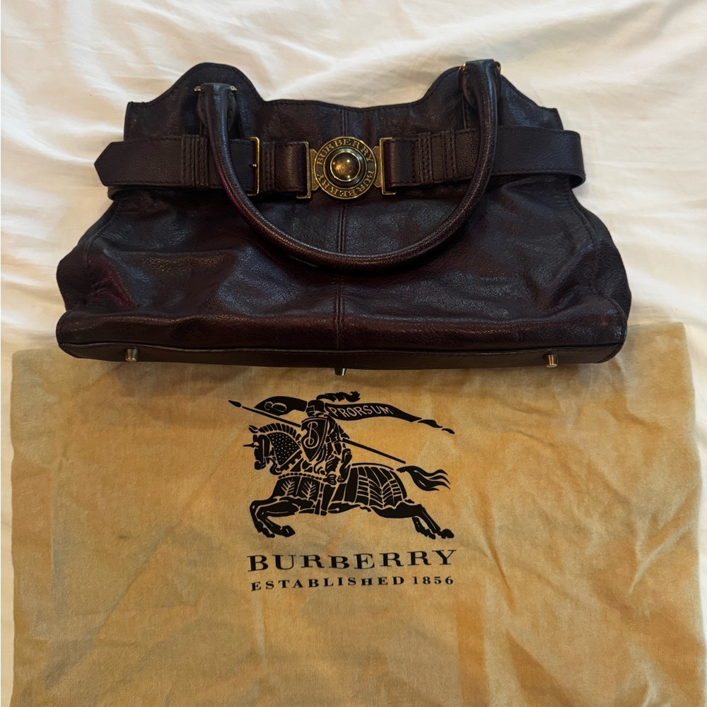 Burberry Dark Brown Buffalo Leather Shoulder Bag with Gold Accents